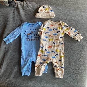Carter's Blue Striped and Cream Dog Print Footies Set With Hat